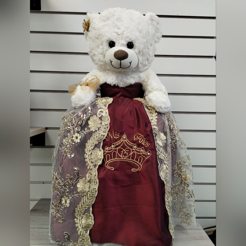 Elegant White Teddy Bear with Burgundy and Gold Dress